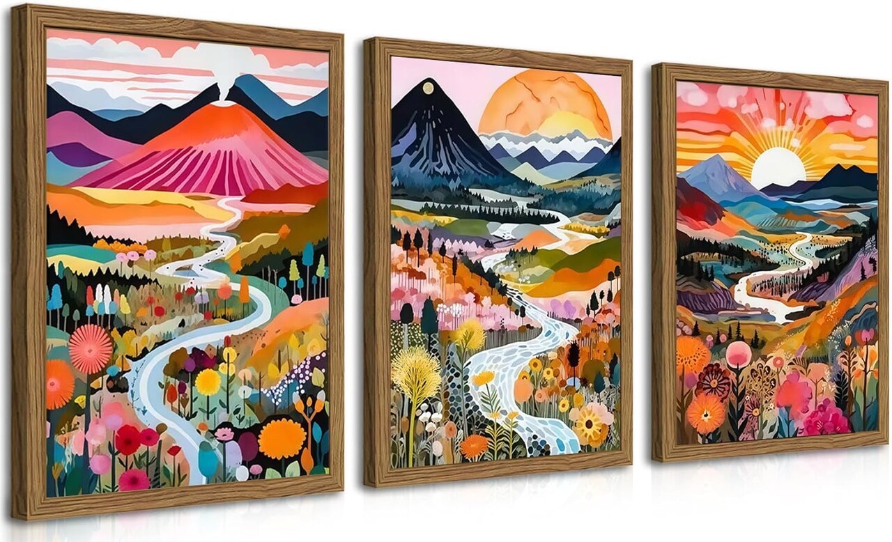 Wood Frame Boho Colorful Wall Art, Set of 3 Abstract Watercolor Mountain Landscape Wall Decor Painting, Modern Flower Aesthetic Posters Prints for Living Room Bathroom Bedroom 12x16In Framed